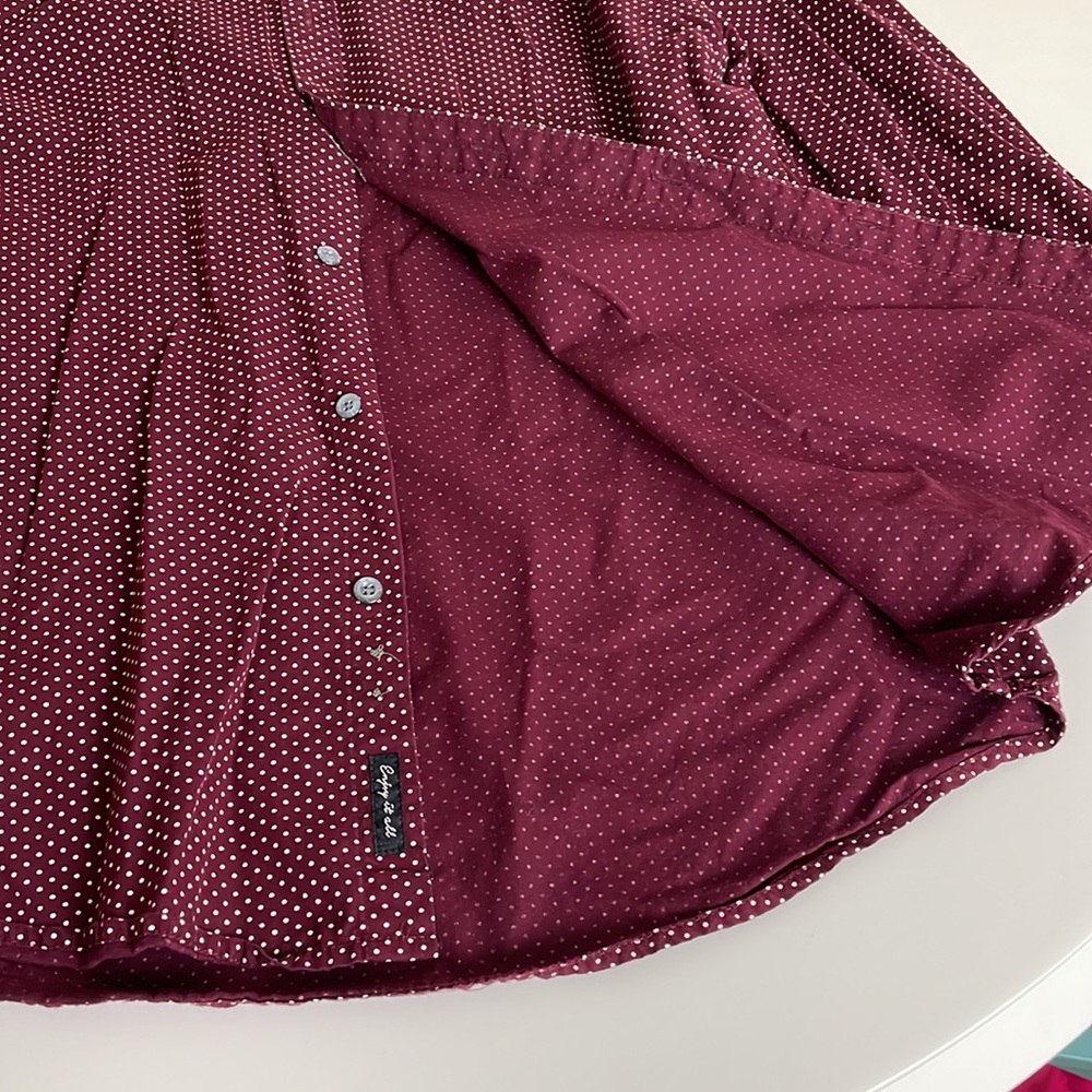 Denim & Flower Burgundy with White dots long sleeve Button Down- Large - Picture 6 of 13